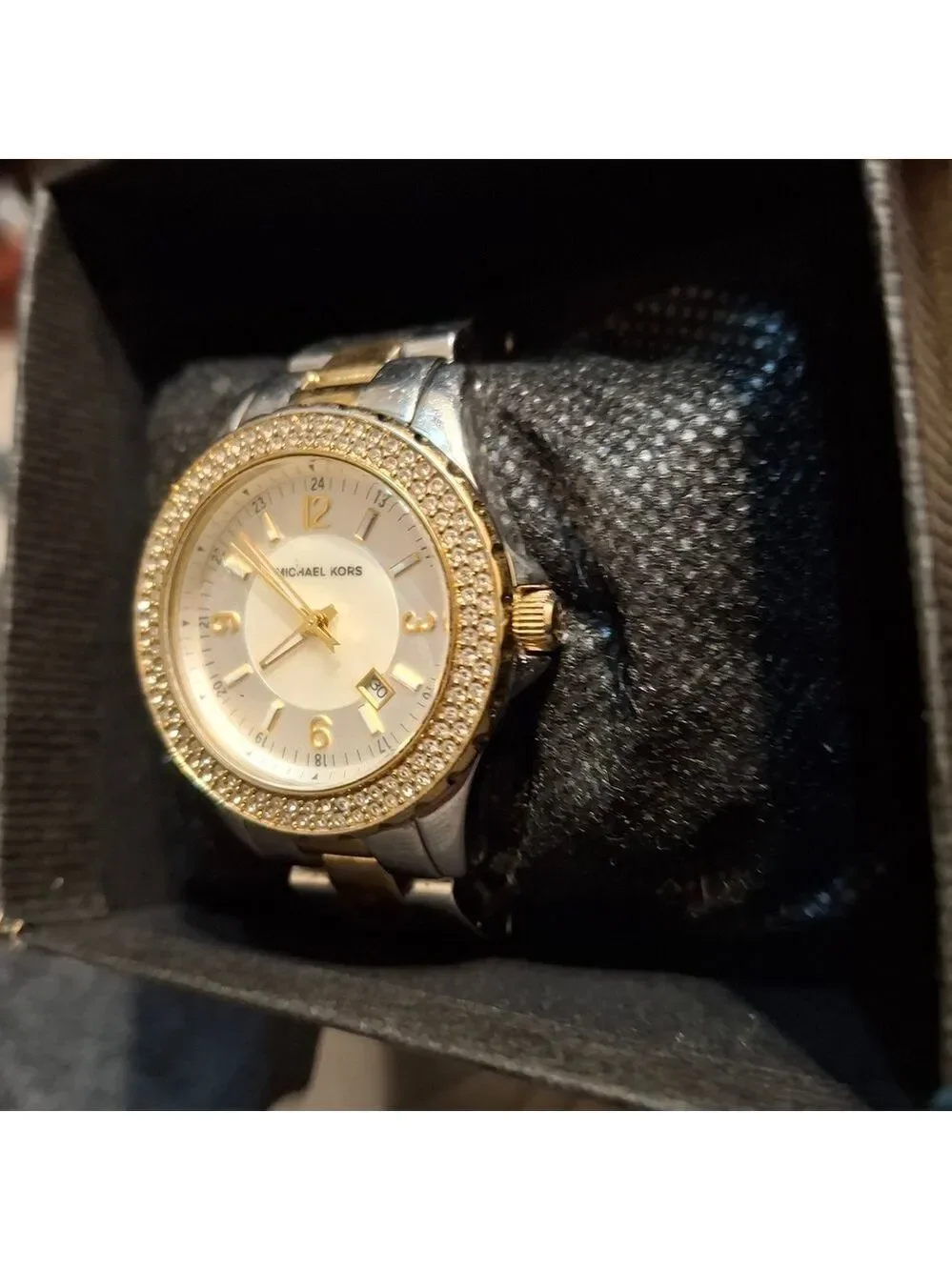 Michael Kors Gold and Silver Double Row of CZ Women's Watch Works Great Has Date